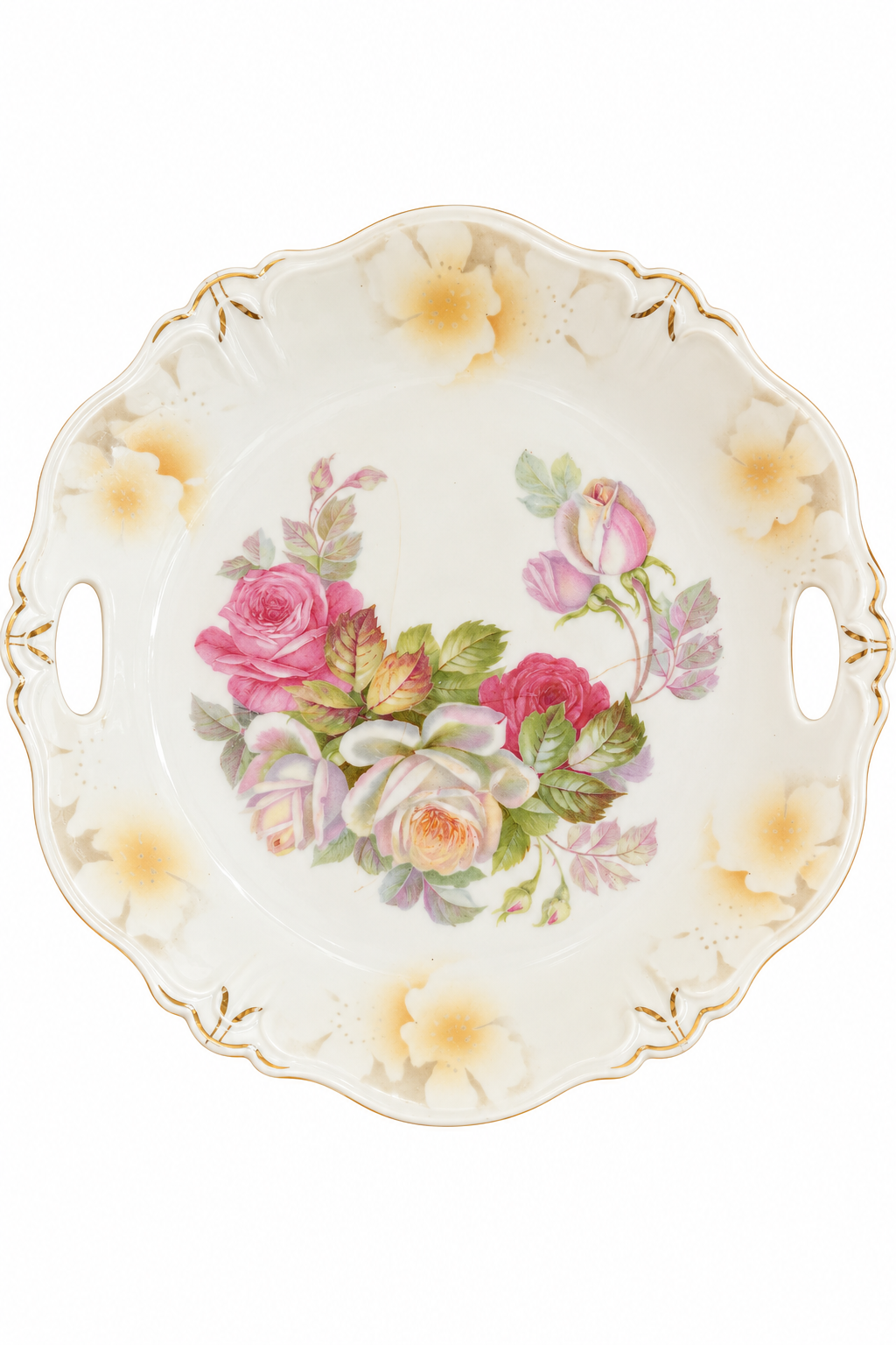 Antique c. 1890s–1920s German Porcelain Rose Floral Serving Plate – Double Handle Gold Trim