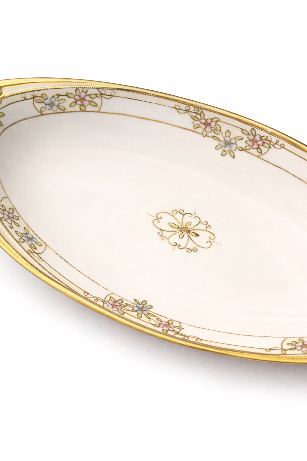 Antique 1900s Nippon Hand-Painted Porcelain Relish Tray | Floral Gold Gilt Serving Plate