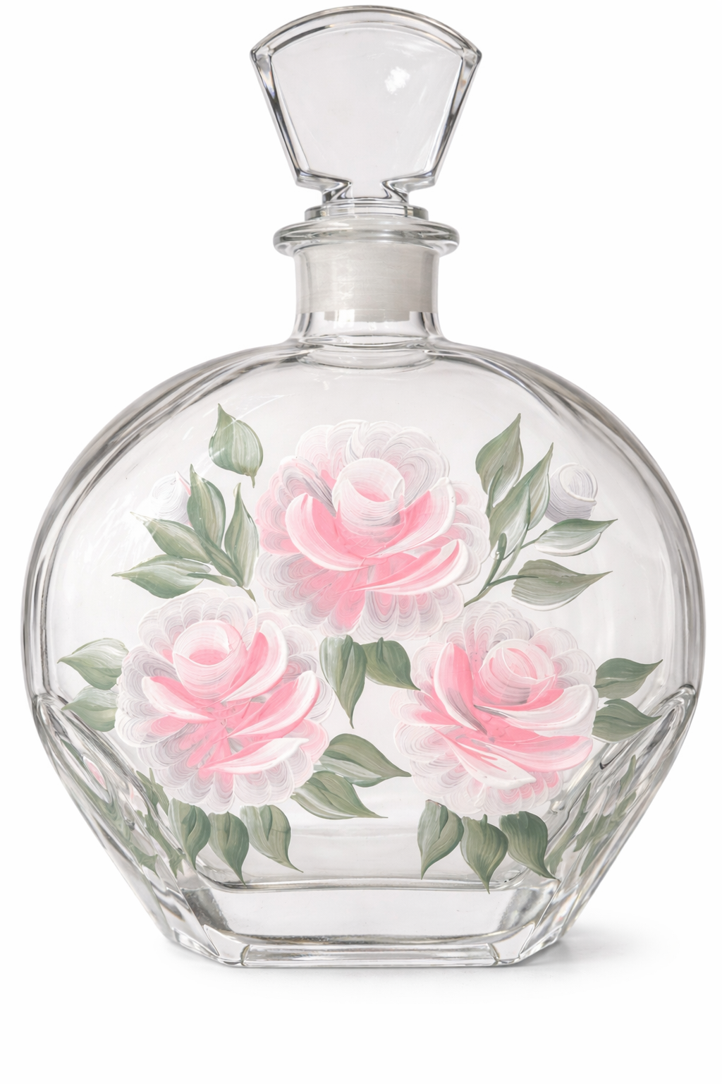 Large Vintage Hand-Painted Floral Glass Decanter | 9” Perfume Bottle / Oil & Spirits Bottle