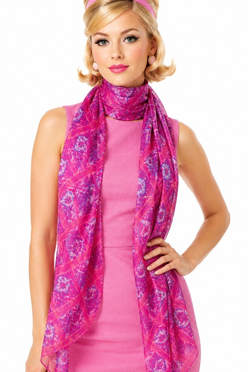 Hot Pink & Blue Sheer Scarf | Retro Hair Scarf | Neck Scarf | Feminine Statement Accessory