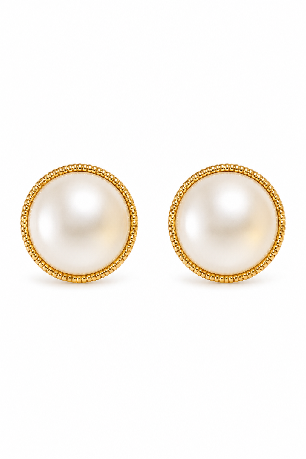 Vintage 1980s Chunky Faux Pearl Button Stud Earrings Gold Tone Textured Twisted Cable Border | 0.75”