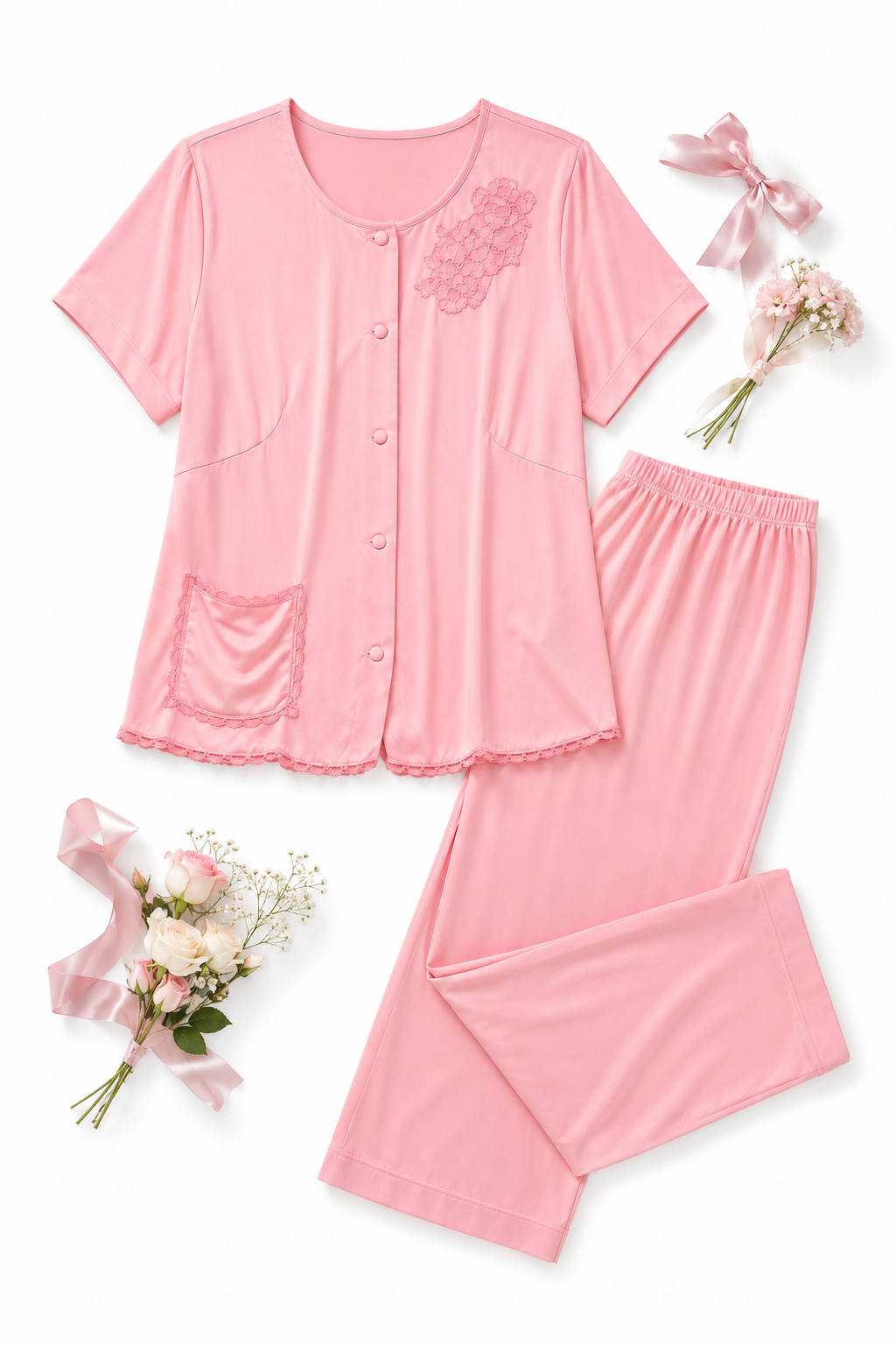 Vintage Shadowline Pink Lace Pajama Set – Short Sleeve Button Front Sleepwear – Size Small