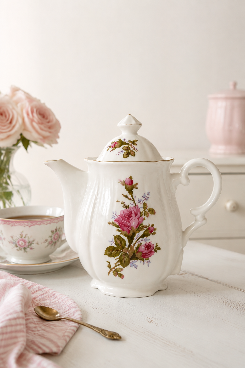 Vintage 1950s Japanese Pink Rose Porcelain Electric Teapot