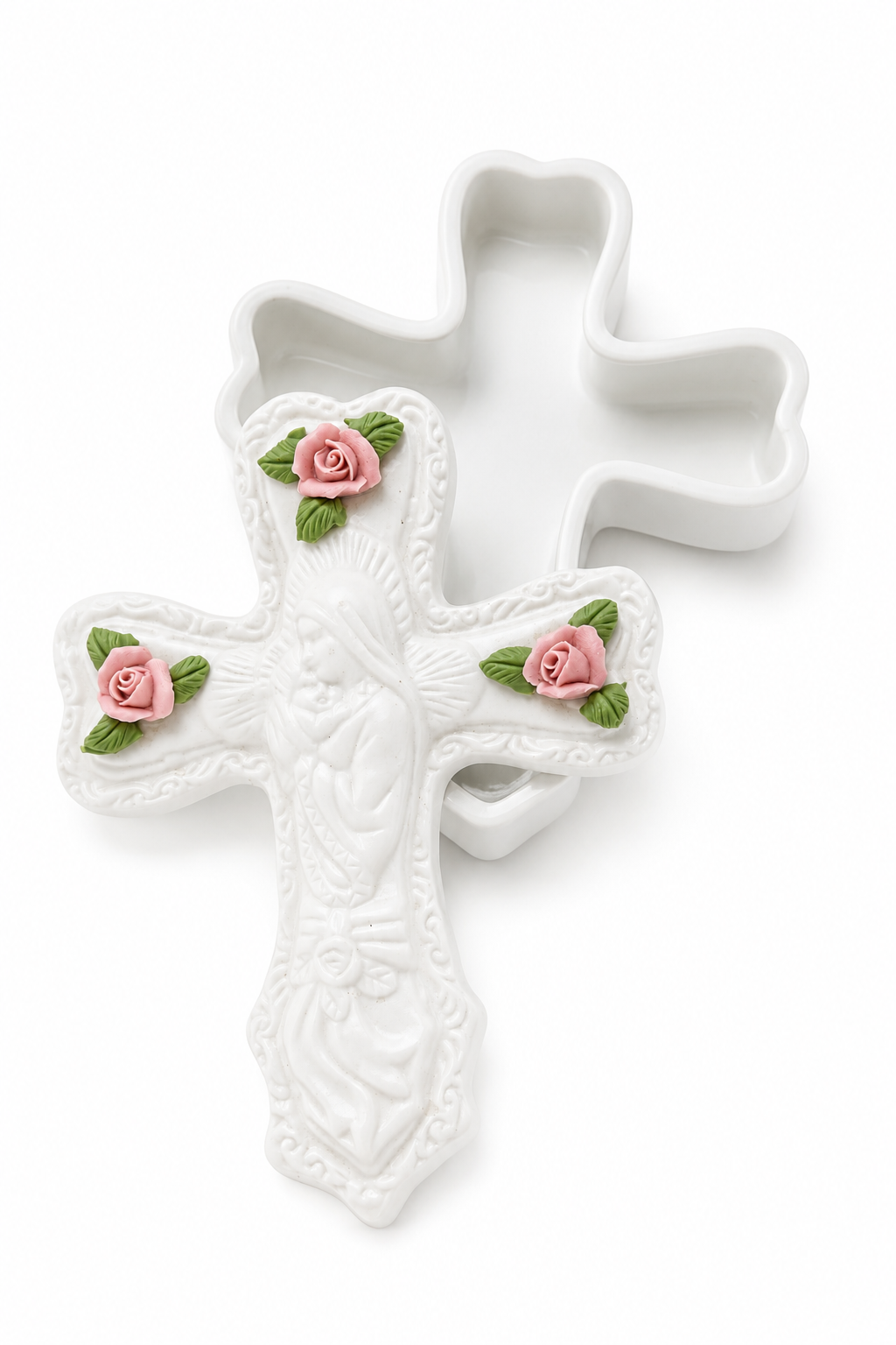 Vintage Porcelain Cross Trinket Box with Pink Roses | Religious Keepsake Box