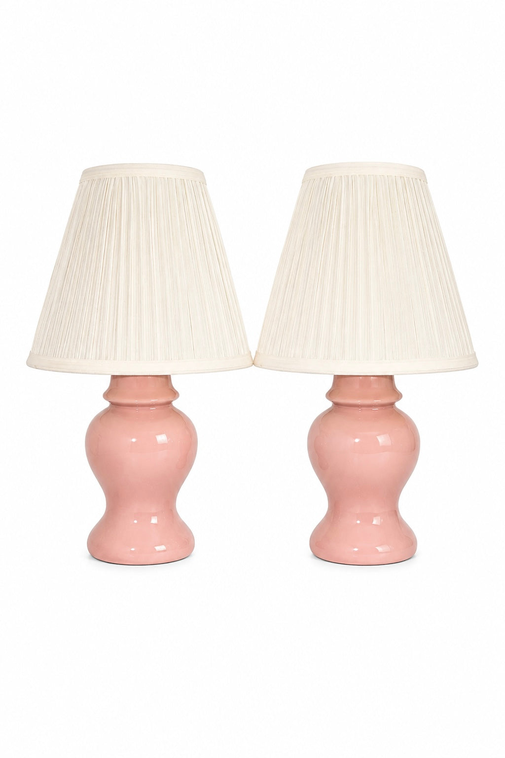 Vintage 1980s Blush Pink Ceramic Table Lamps with Cream Pleated Shades | Set of 2