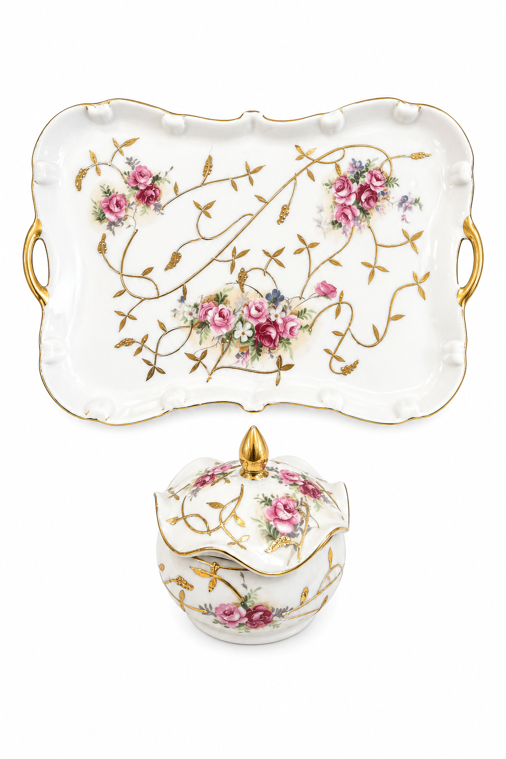 Antique 1900s–1920s PORCELLANFABRIK KALK GmbH German Porcelain Vanity Dresser Set | Floral Tray & Lidded Trinket Box Set