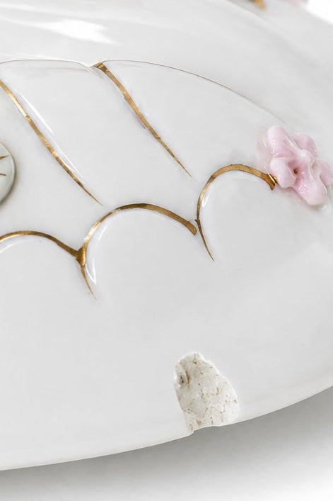 Vintage Large Porcelain Swan Trinket Dish with Lid – Pink Roses & Gold Accents