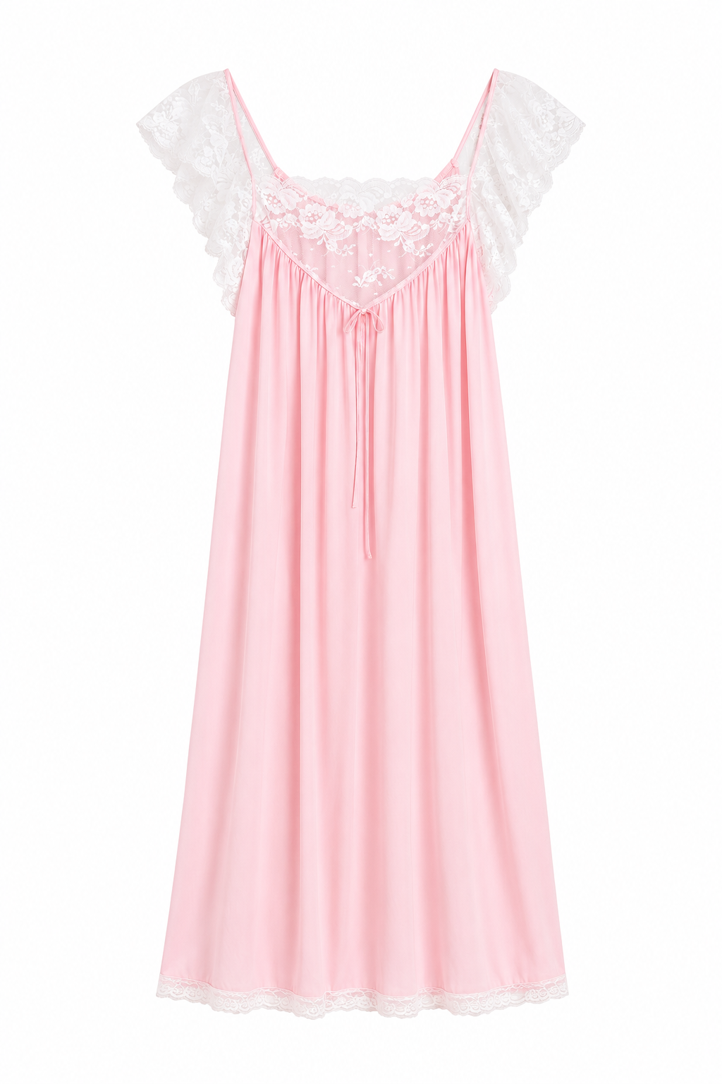Vintage Miss Elaine Pink Lace Nightgown | 1970s Romantic Flutter Sleeve Maxi Gown | Union Made (M)