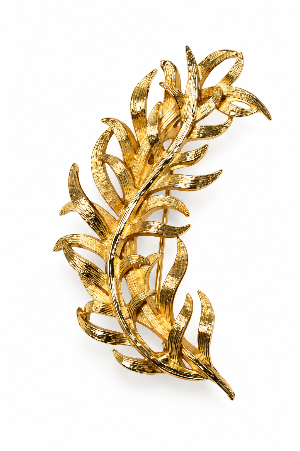 Vintage 1950s–1960s Gold-Tone Textured Leaf Feather Brooch Pin