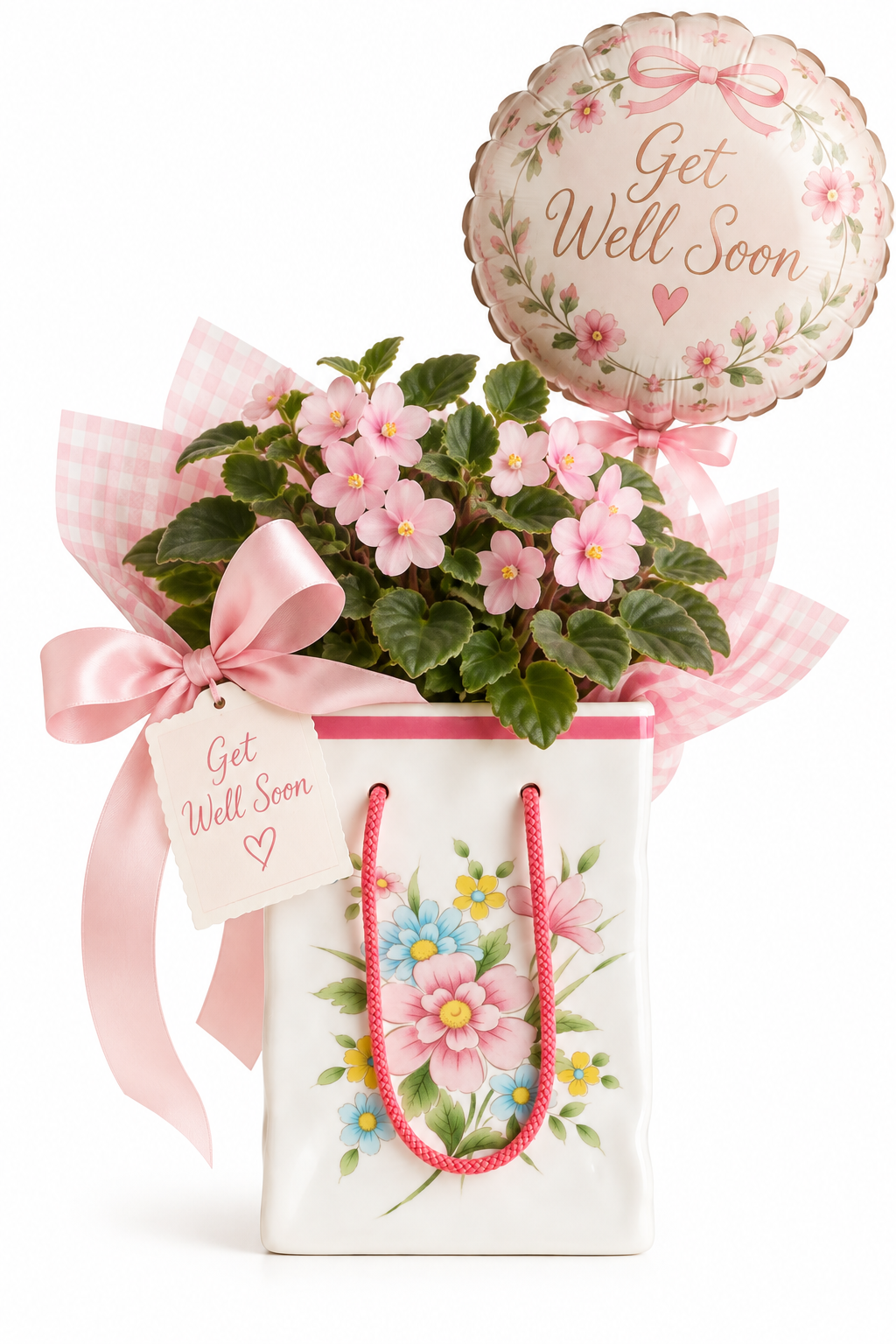Vintage 1986 FTDA Japan Ceramic Floral Gift Bag Vase | Pink & Blue Flowers