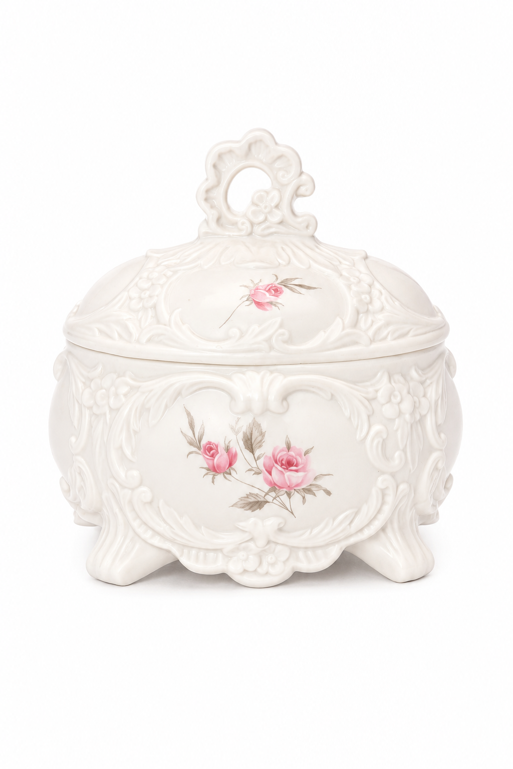 Vintage 1940s–1950s Embossed Ceramic Footed Trinket Box with Pink Roses