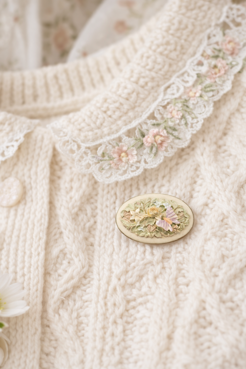 Vintage 3D Ceramic Floral Butterfly Brooch/Pin | Cottagecore Carved Oval Design