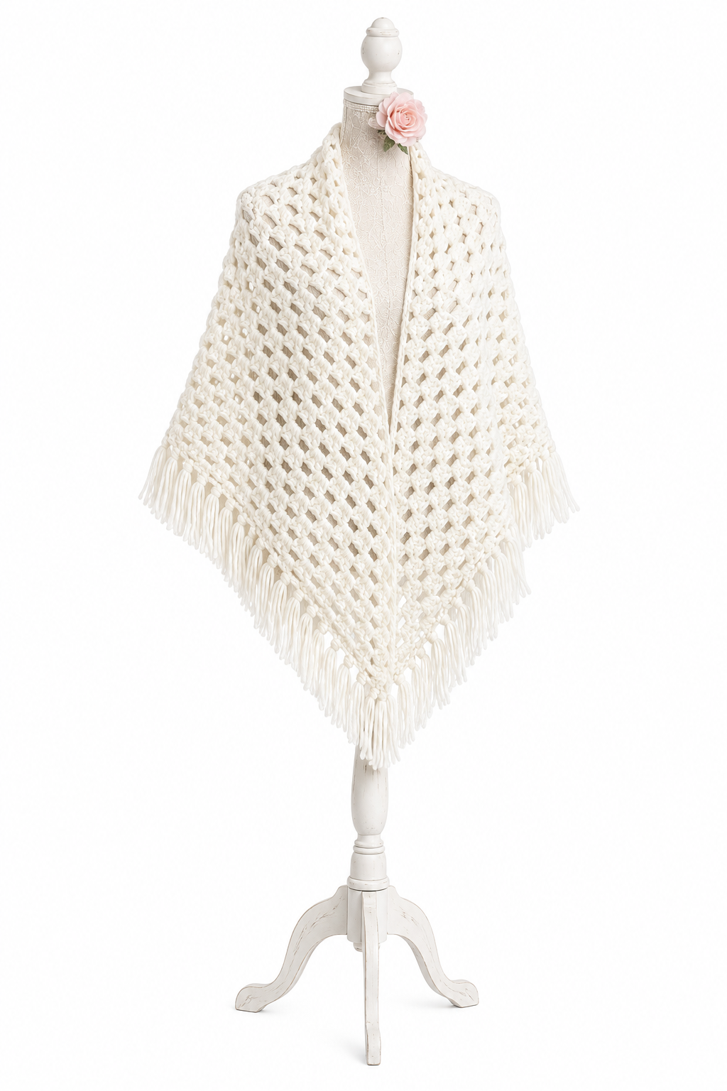 Vintage Ivory Hand-Knitted Fringe Shawl Wrap – Cozy Romantic Layer | One Size