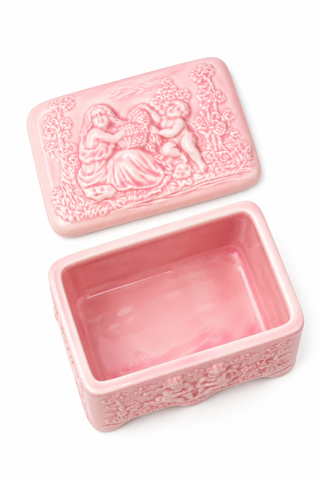 Vintage 1950s–1960s Pink Ceramic Cherub Vanity Trinket Box