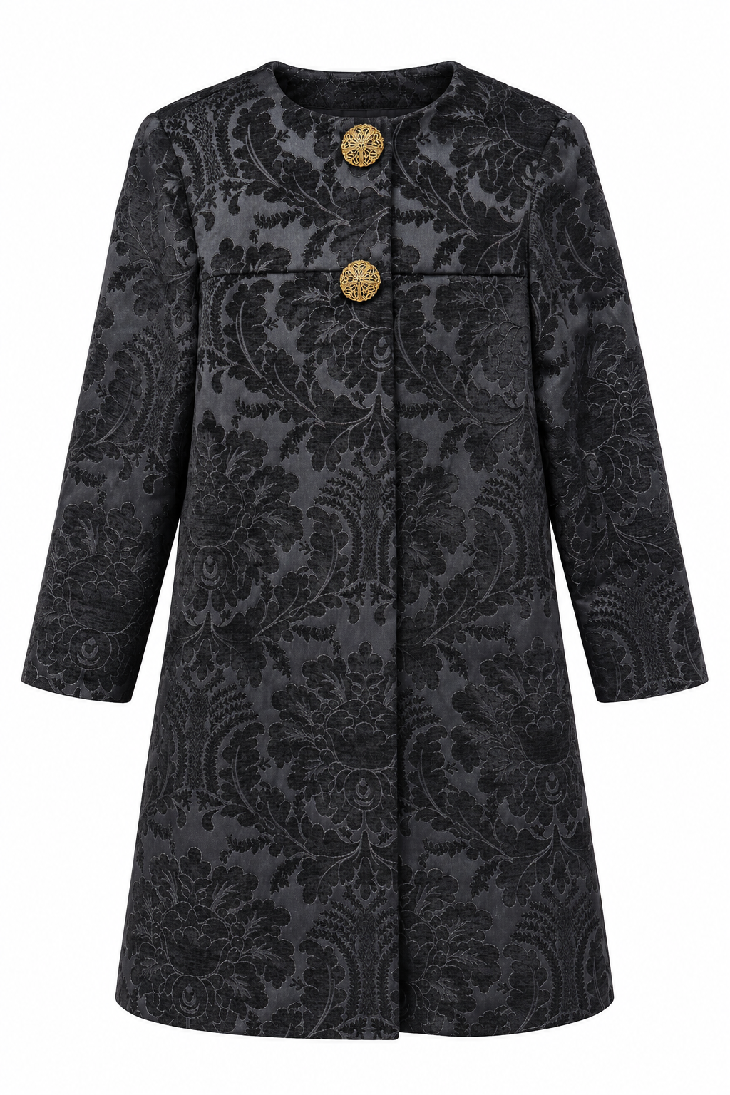 Vintage Black Damask Brocade Swing Coat with Gold Statement Buttons – Unlabeled
