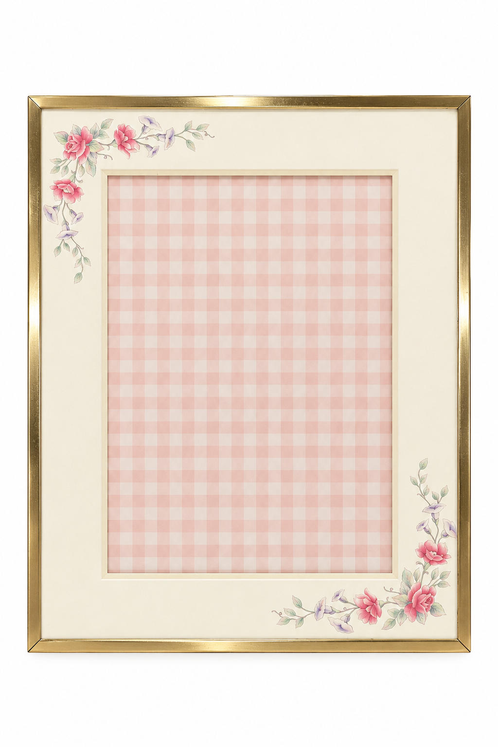 Vintage 1980s Gold-Tone Metal Picture Frame with Pink Floral Mat