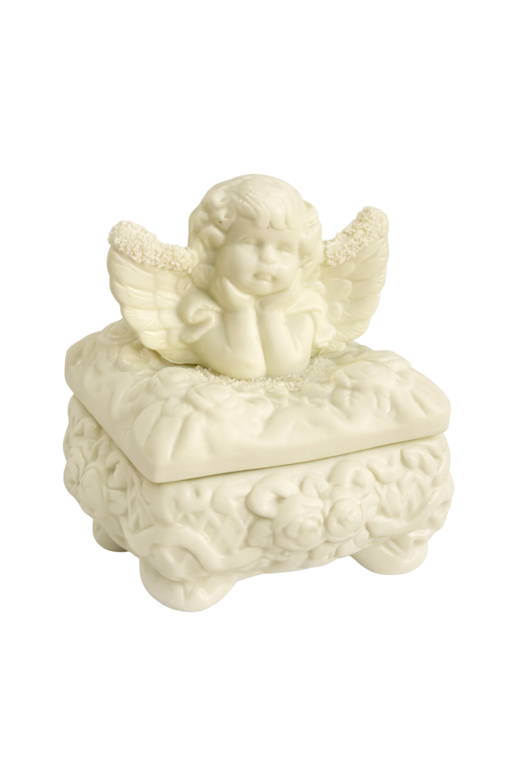 Vintage Cherub Angel Trinket Box | Ivory Floral Jewelry Keepsake Box (Shabby Chic Décor)