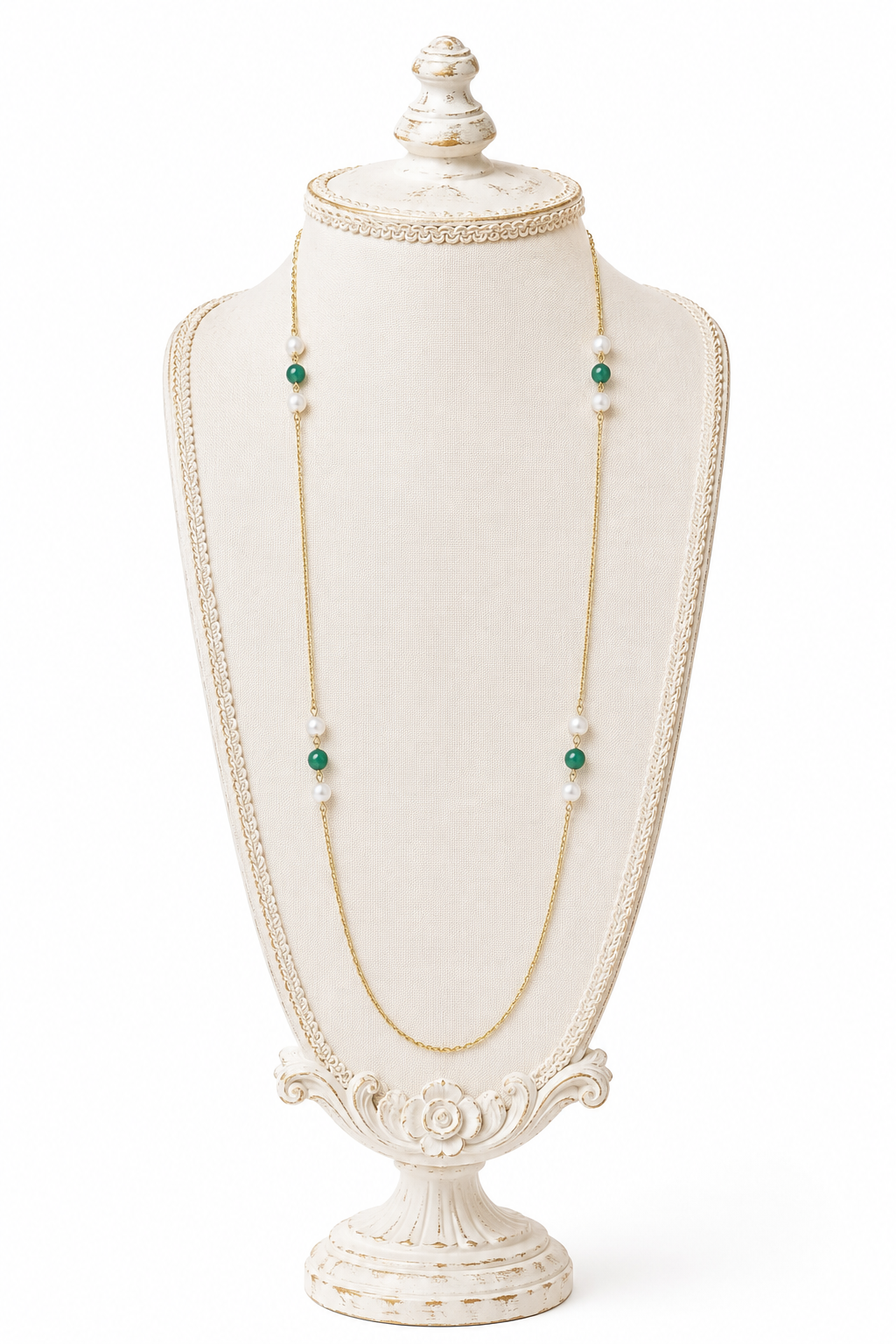 Vintage 1970s Faux Pearl & Green Bead Station Necklace | Long Gold Tone Chain Necklace | Retro Layering Necklace | Classic Beaded Station Chain