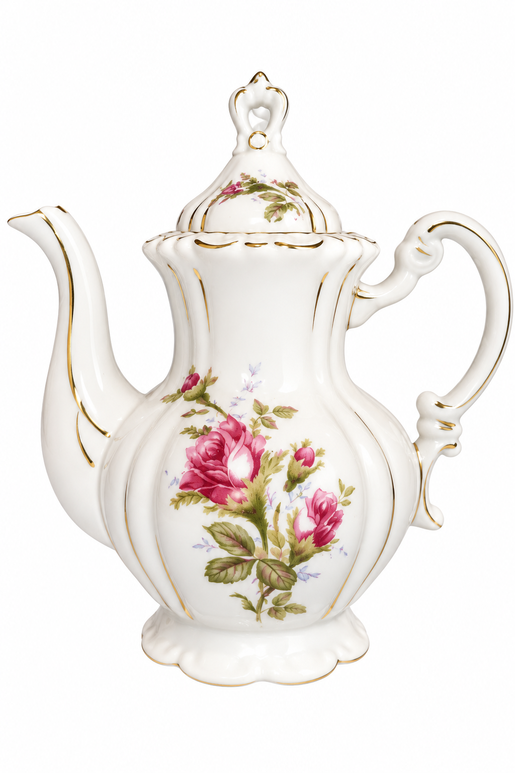 Vintage 1950s–1960s Pink Rose Floral Teapot | Gold Trim Porcelain Tea Pot with Lid