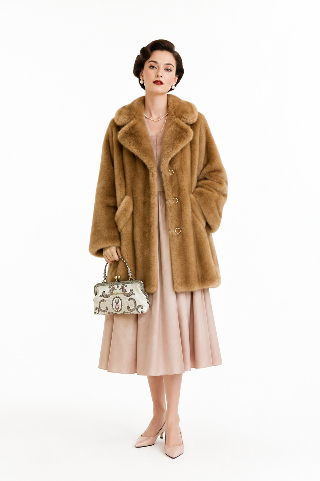 Pristine 1960s–70s Minçara by Russell Taylor Luxury Faux Mink Coat Camel French Style Floral Jacquard Lined M/L