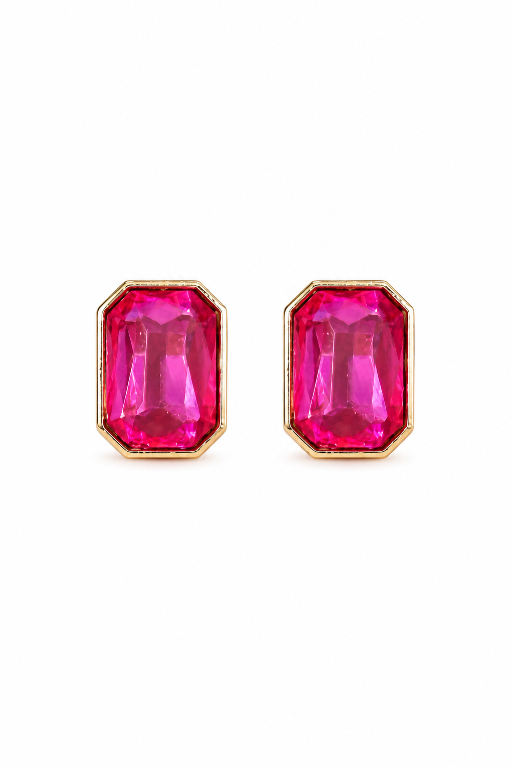 Vintage 1980s Fuchsia Pink Emerald-Cut Crystal Clip-On Earrings – Gold Tone Statement Earrings