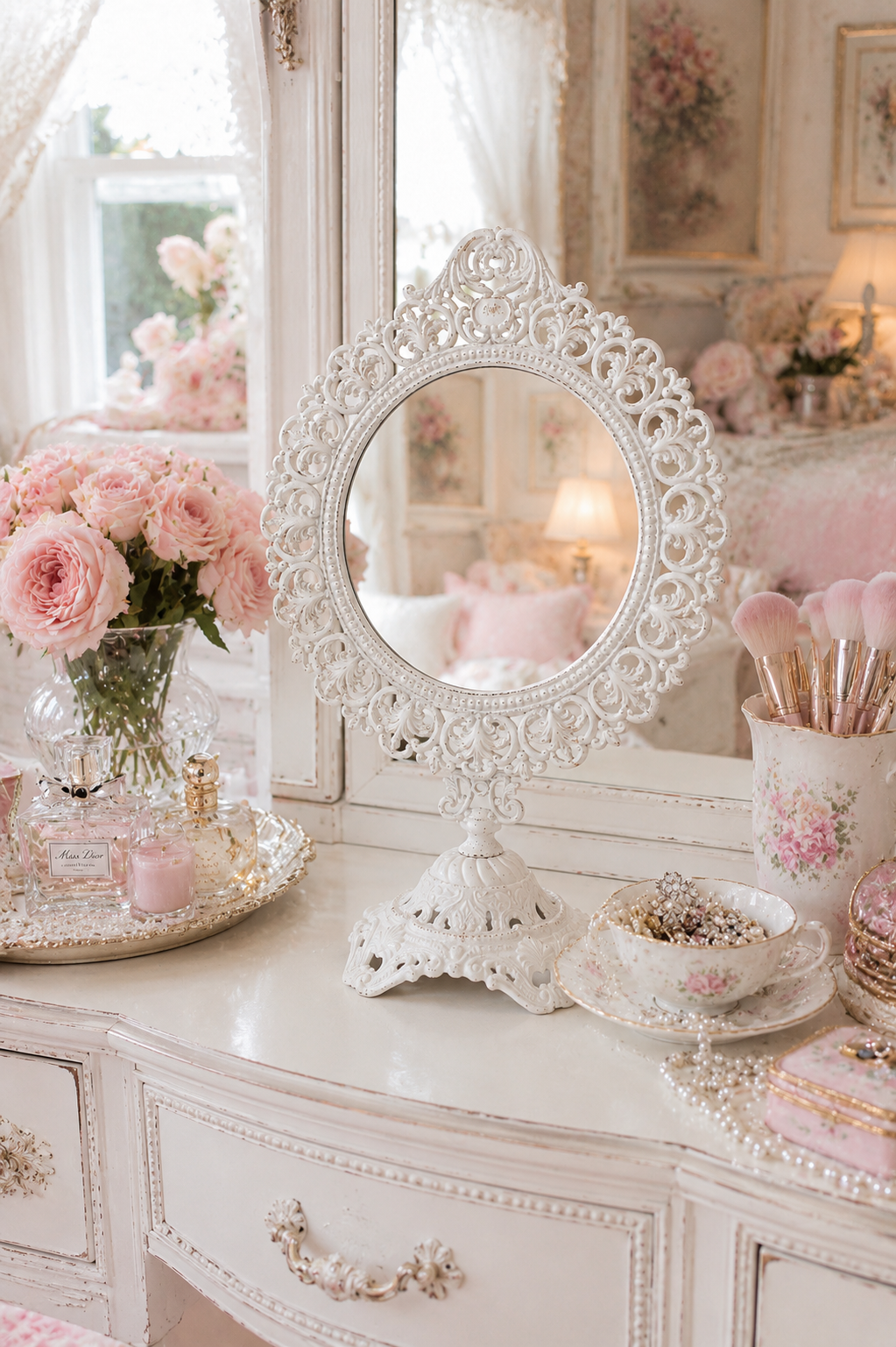 Antique 1890s–1930s Cast Iron Vanity Mirror | Victorian Shabby Chic Standing Swivel Mirror