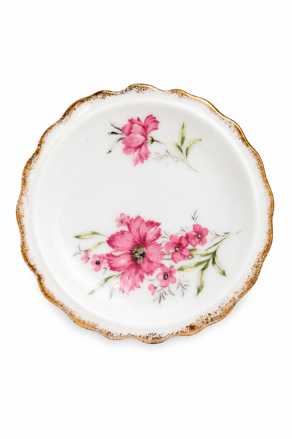 Vintage Floral Porcelain Trinket Dish | Pink Flowers with Gold Trim | Jewelry Dish