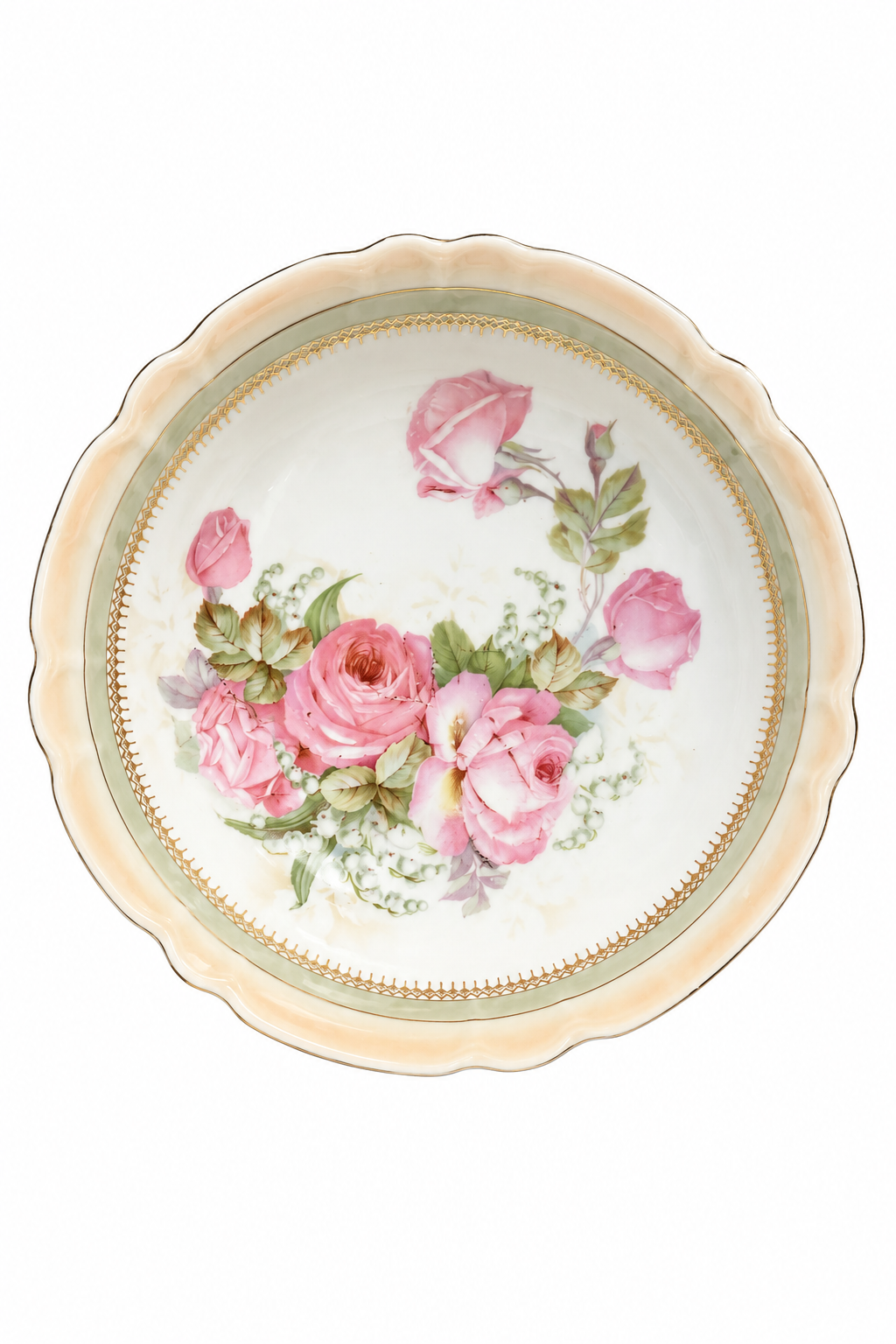 Antique Pink Rose Porcelain Serving Bowl | Scalloped Gold Trim Floral Bowl