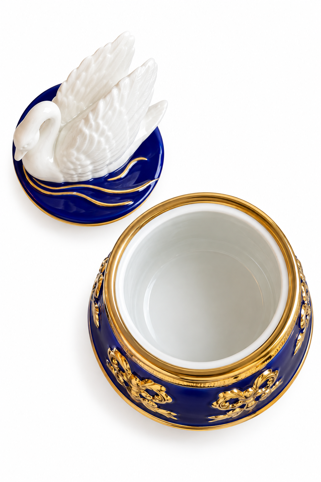 Vintage 1990s Teleflora Cobalt Blue & Gold Swan Musical Jewelry Trinket Box – Plays “Swan Lake”