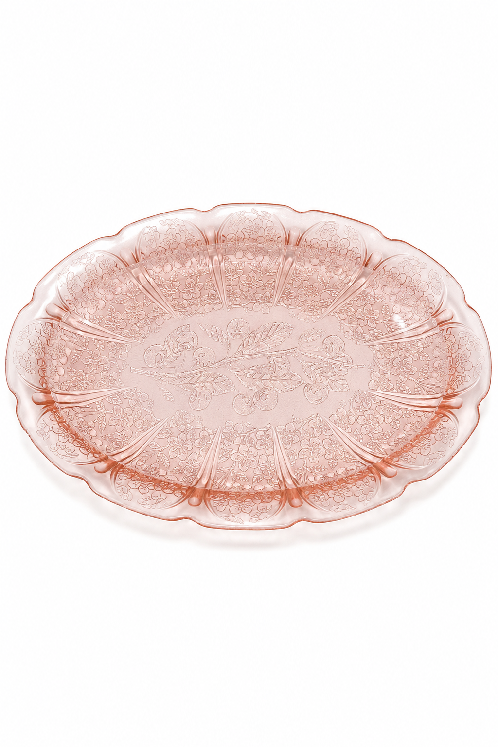 Vintage 1940s Pink Depression Glass Oval Serving Platter – Floral Cherry Vanity & Perfume Tray | 11” × 8”