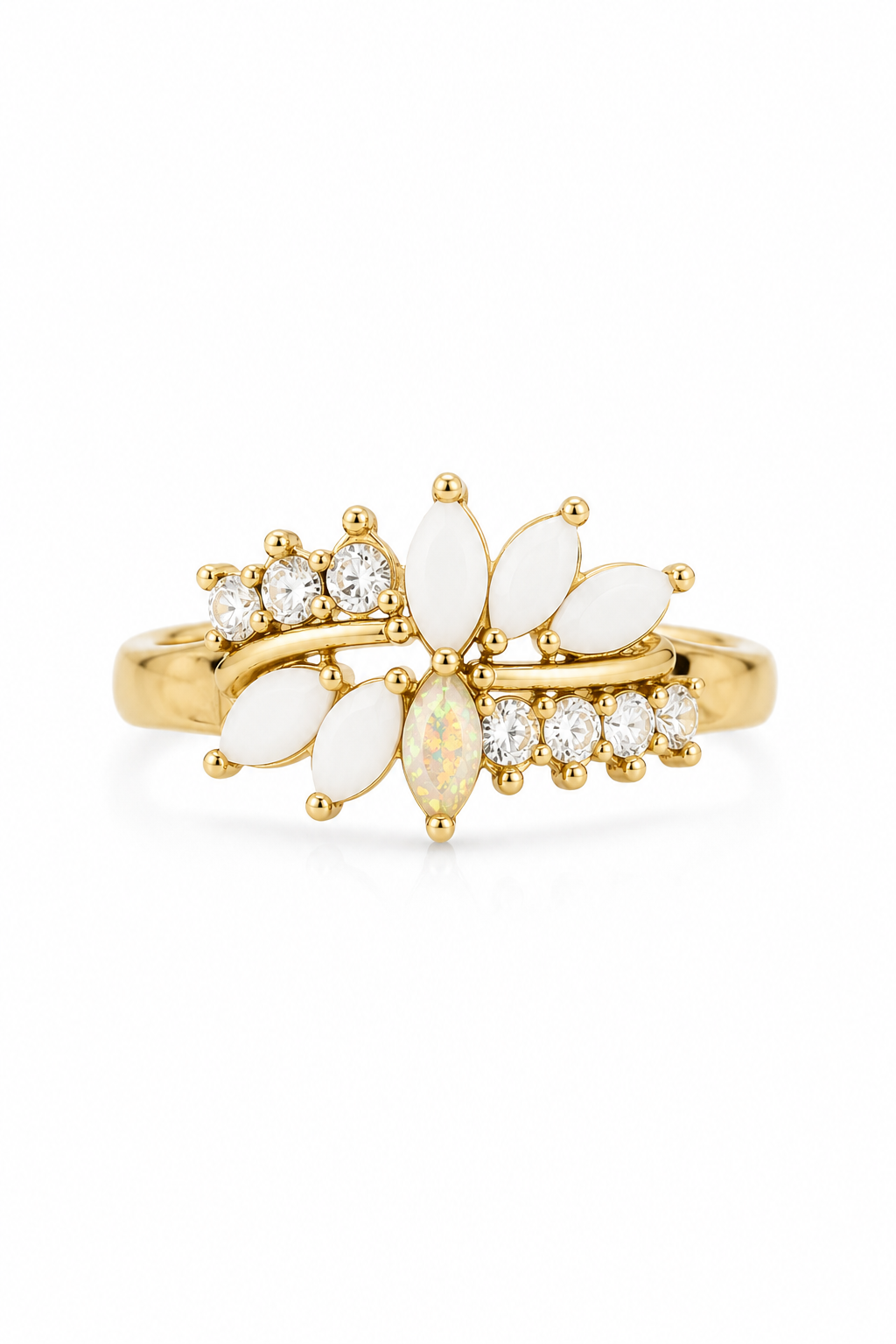 Vintage 1960s Uncas Faux White Opal & Rhinestone Cluster Cocktail Ring 8.5