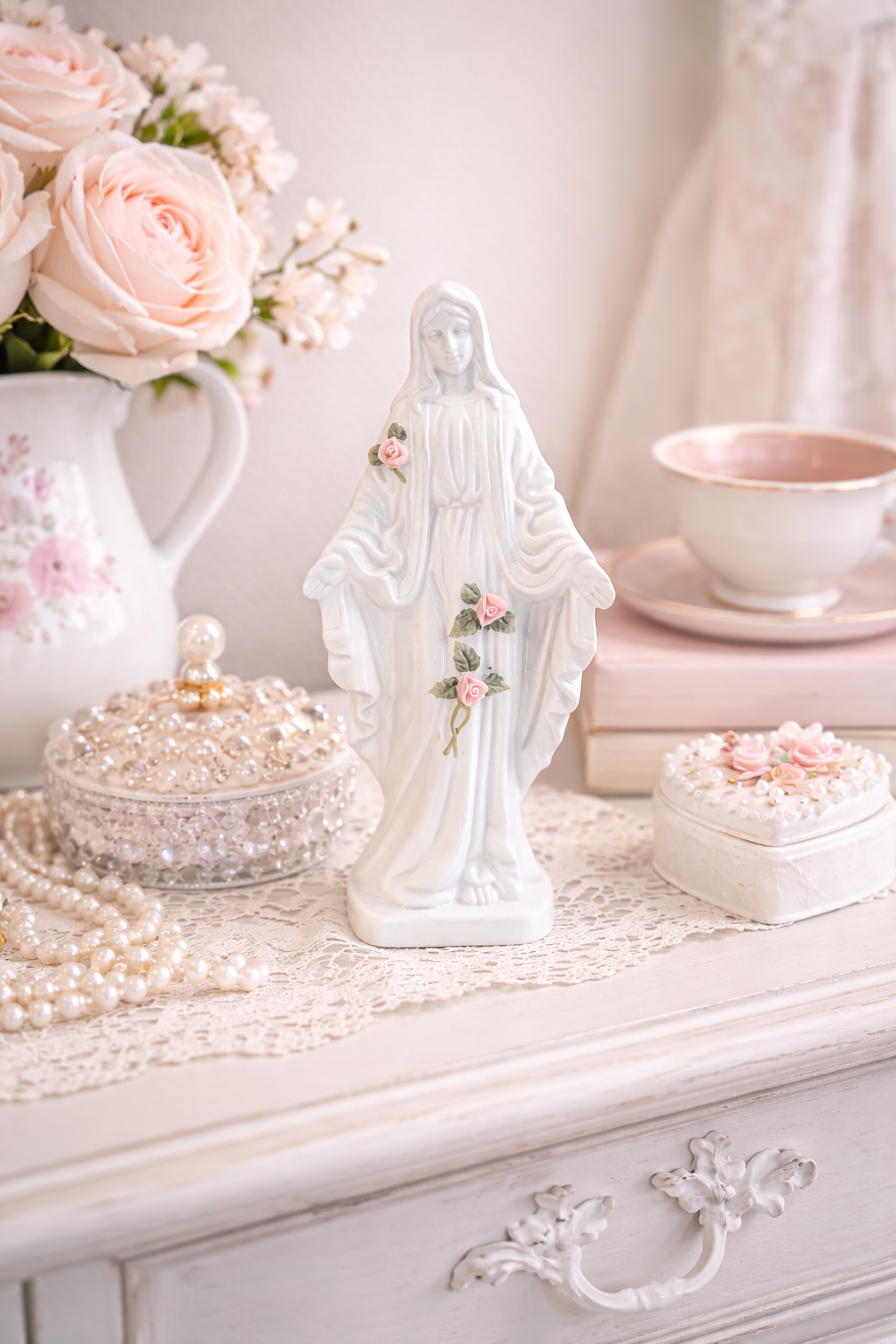 Vintage 1990s Lady of Grace Virgin Mary Figurine | Porcelain Religious Statue with Floral Detail