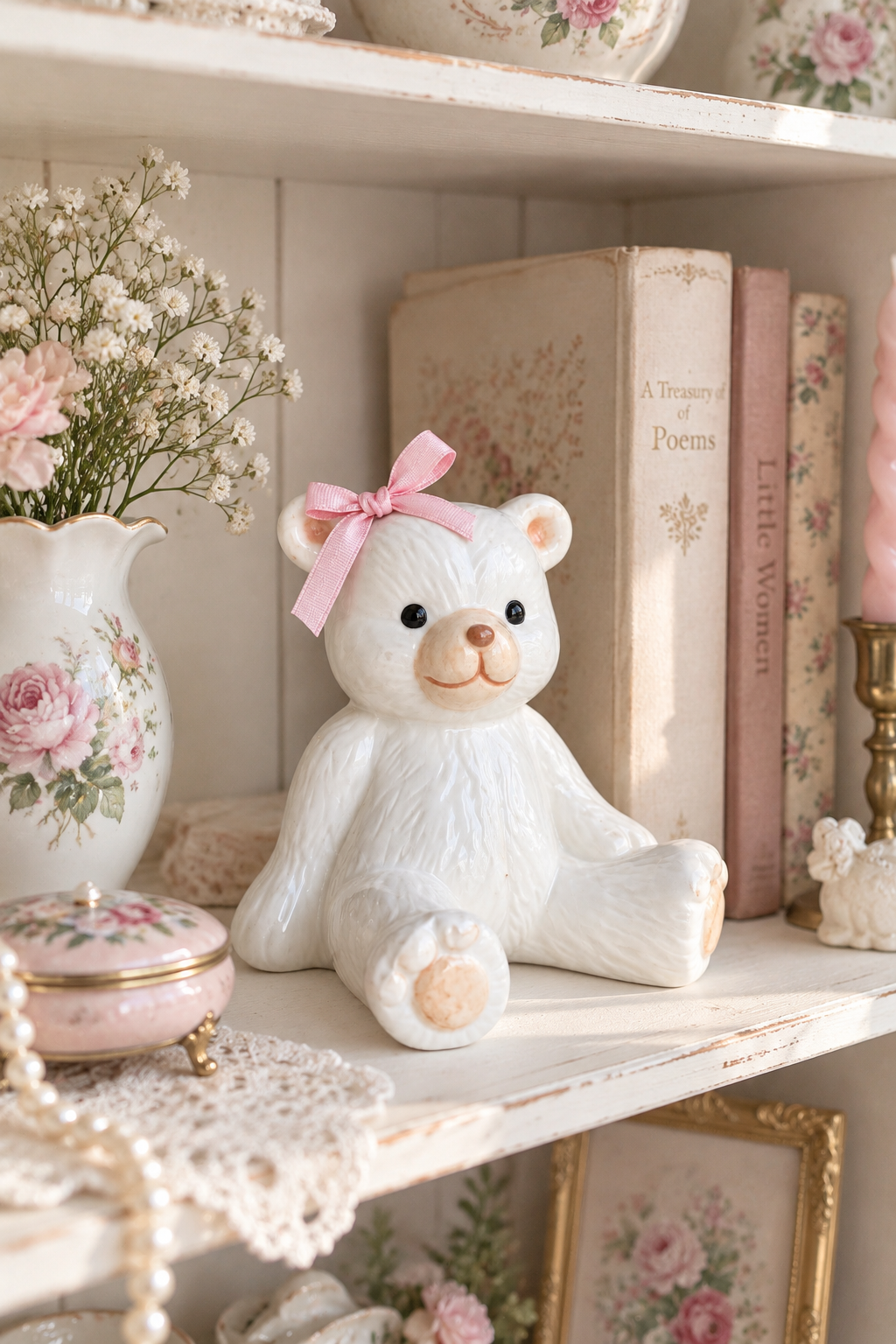 Vintage 1980s White Glazed Ceramic Teddy Bear Figurine – Pink Bow