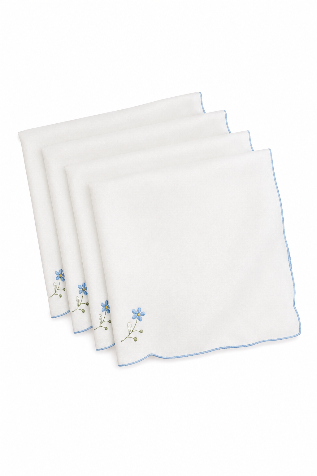 Vintage Set of 4 White Embroidered Floral Cotton Napkins | Blue Flower Embroidery | Cottage Table Linens