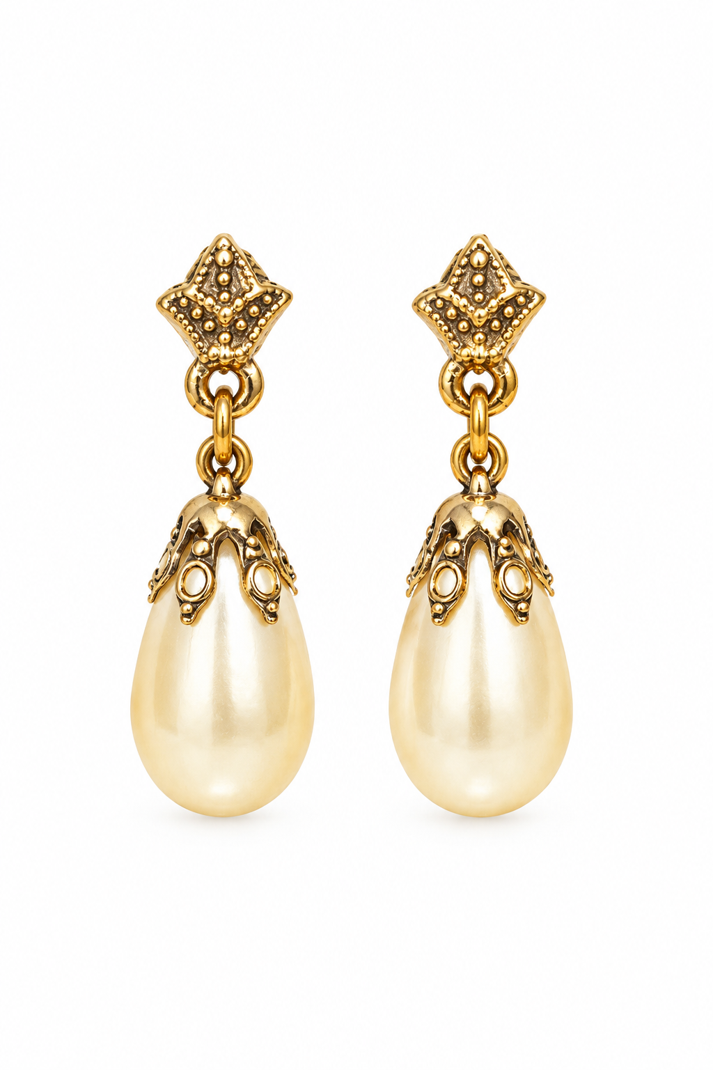 Vintage 1970s–1980s Gold-Tone Faux Pearl Teardrop Victorian Revival Dangle Earrings