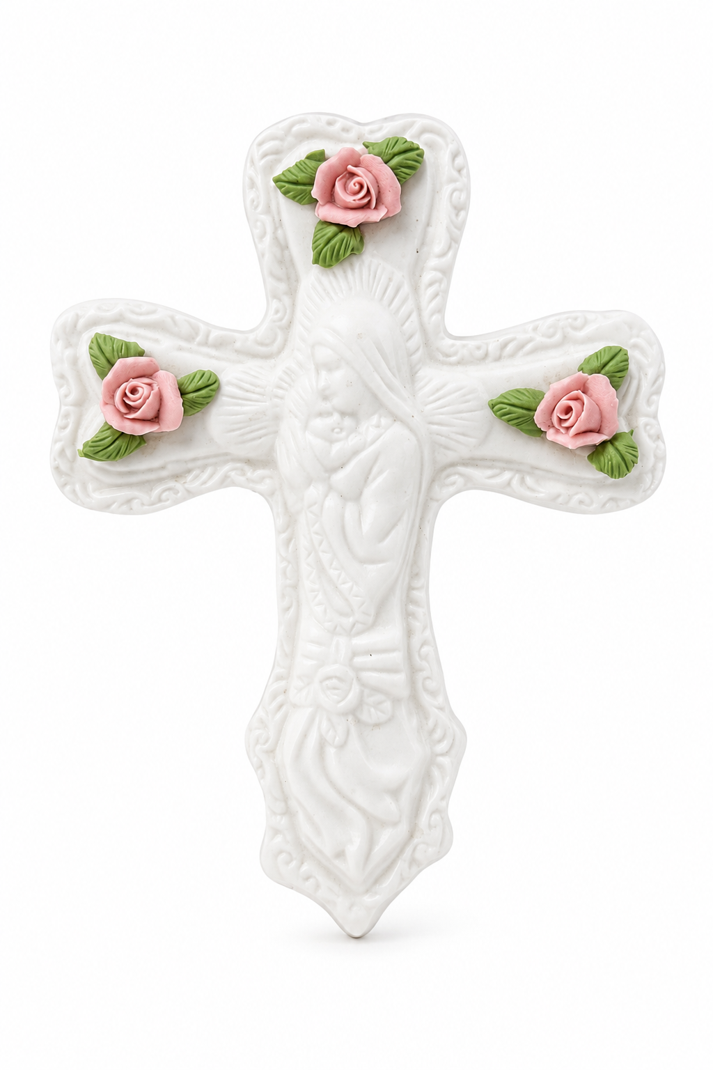 Vintage Porcelain Cross Trinket Box with Pink Roses | Religious Keepsake Box