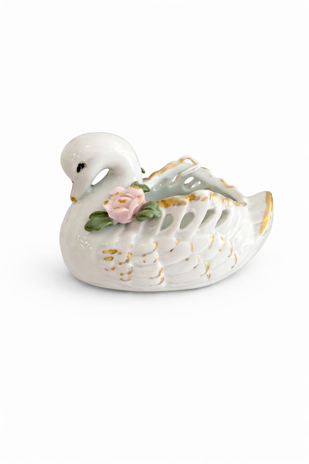 Vintage Porcelain Swan Trinket Dish – Pink Rose Detail, Gold Accents, Cottagecore Decor