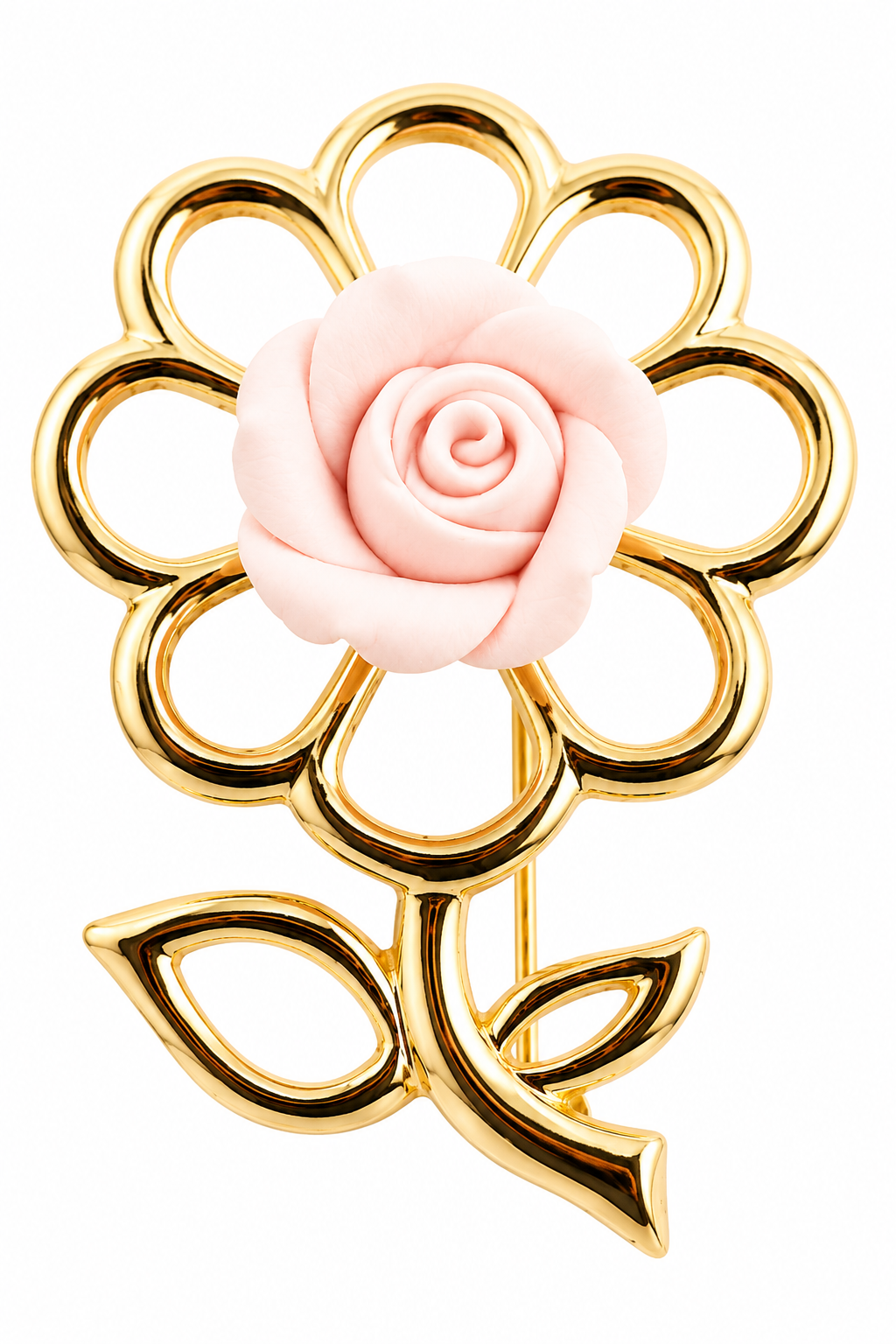 Vintage Pink Rose Flower Brooch Pin | Gold Tone Floral Statement Pin