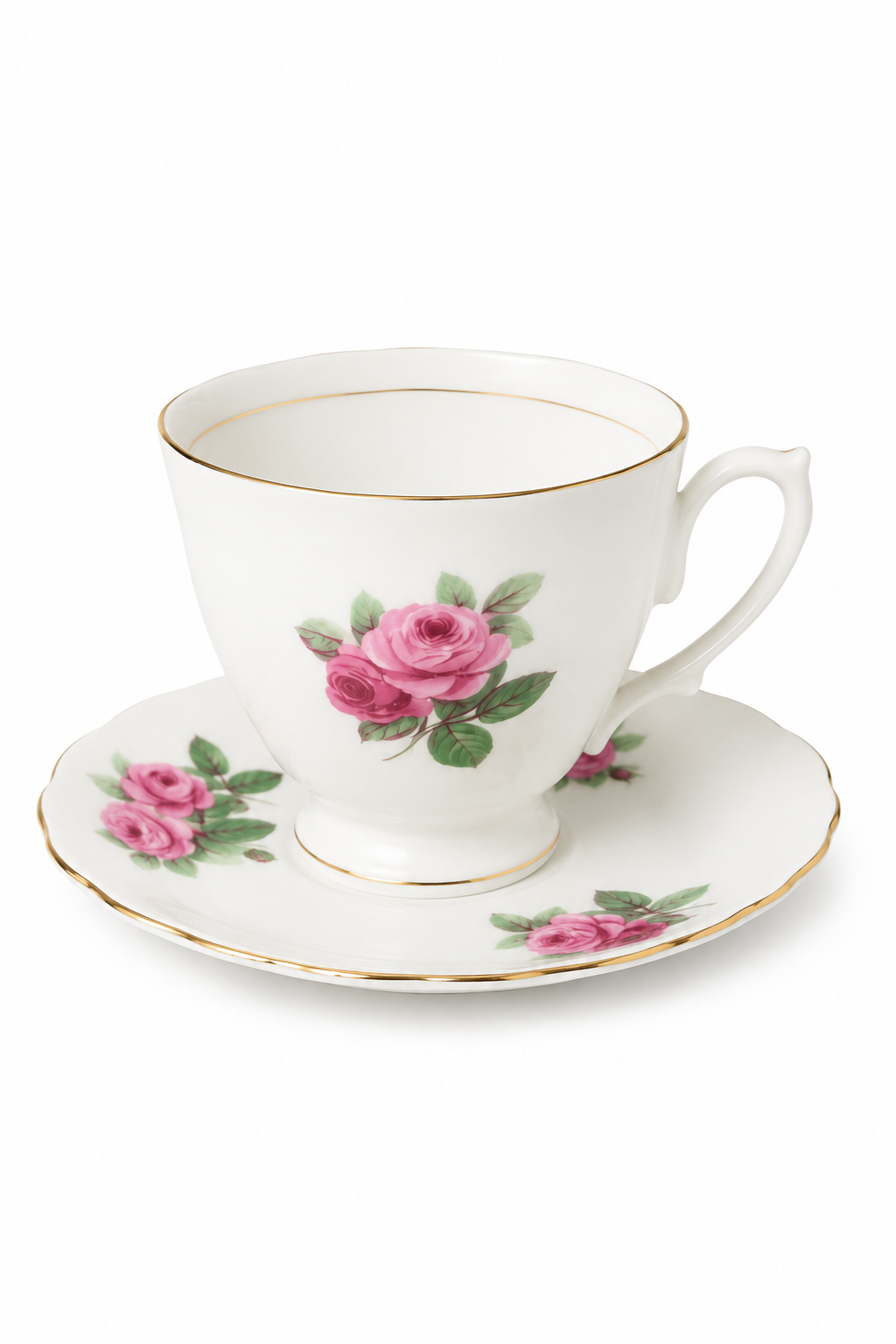 Antique 1910s Vale Longton England Fine Bone China Teacup & Saucer Set | Pink Roses | Gold Trim