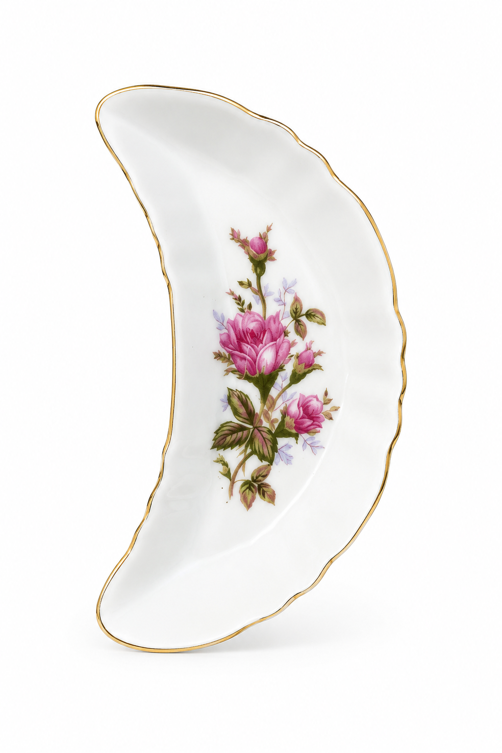 Vintage Pink Rose Porcelain Crescent Trinket Dish – Sold Individually