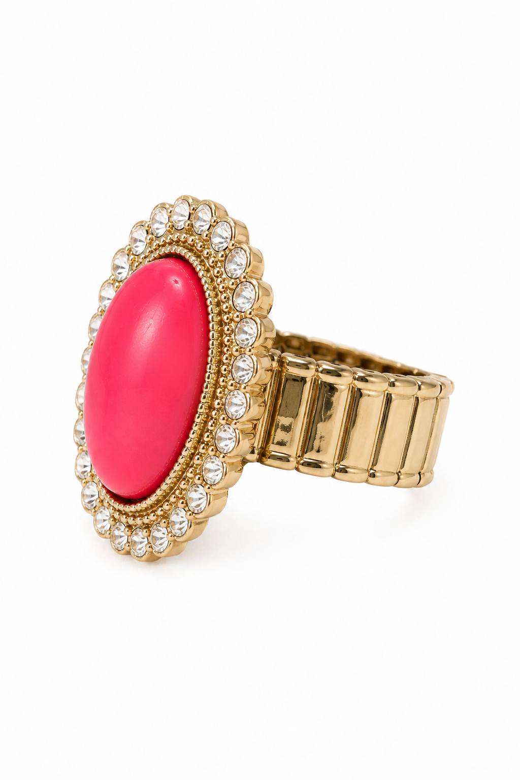 Large Coral Orange Cabochon Cocktail Ring with Crystal Halo – Gold Tone Stretch Statement Ring