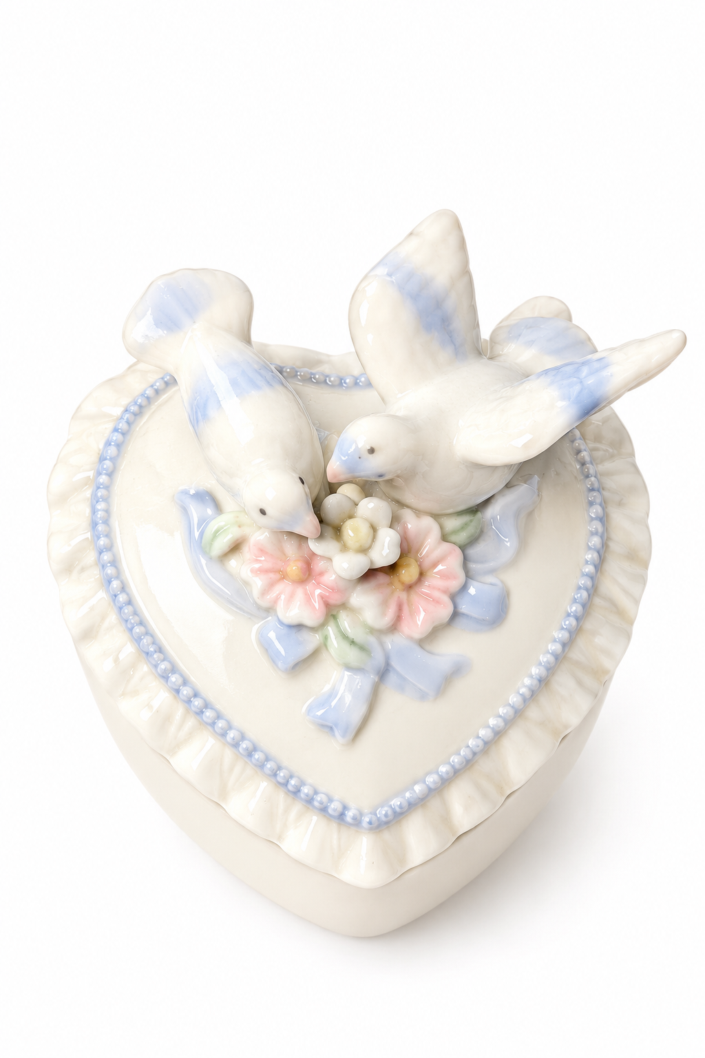 Vintage 1970s–1990s Porcelain Love Birds Heart Trinket Box | Pastel Floral Blue Bird Jewelry Box