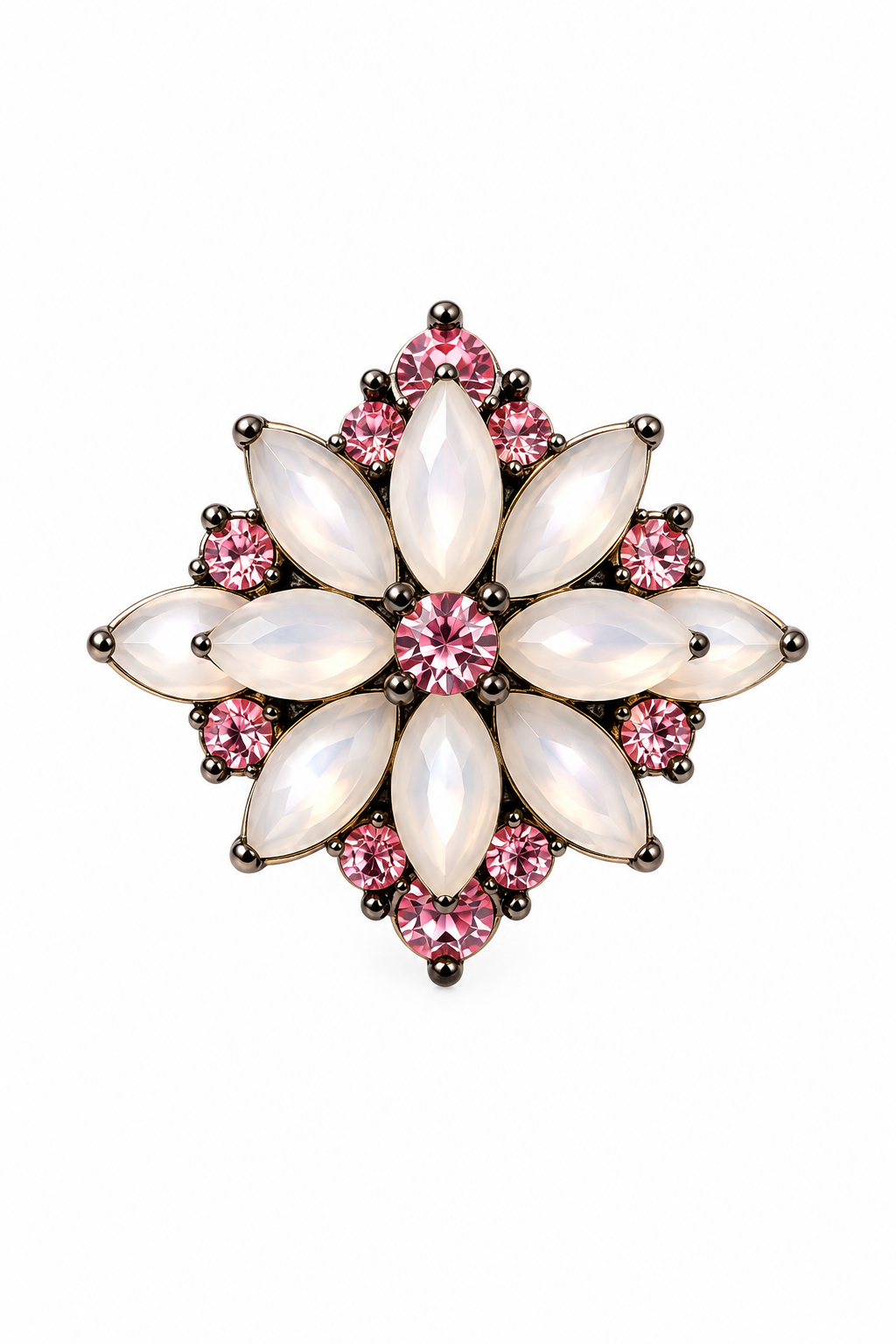 Vintage 1950s–1960s Pink & White Faux Rhinestone Floral Brooch Pin – 1”