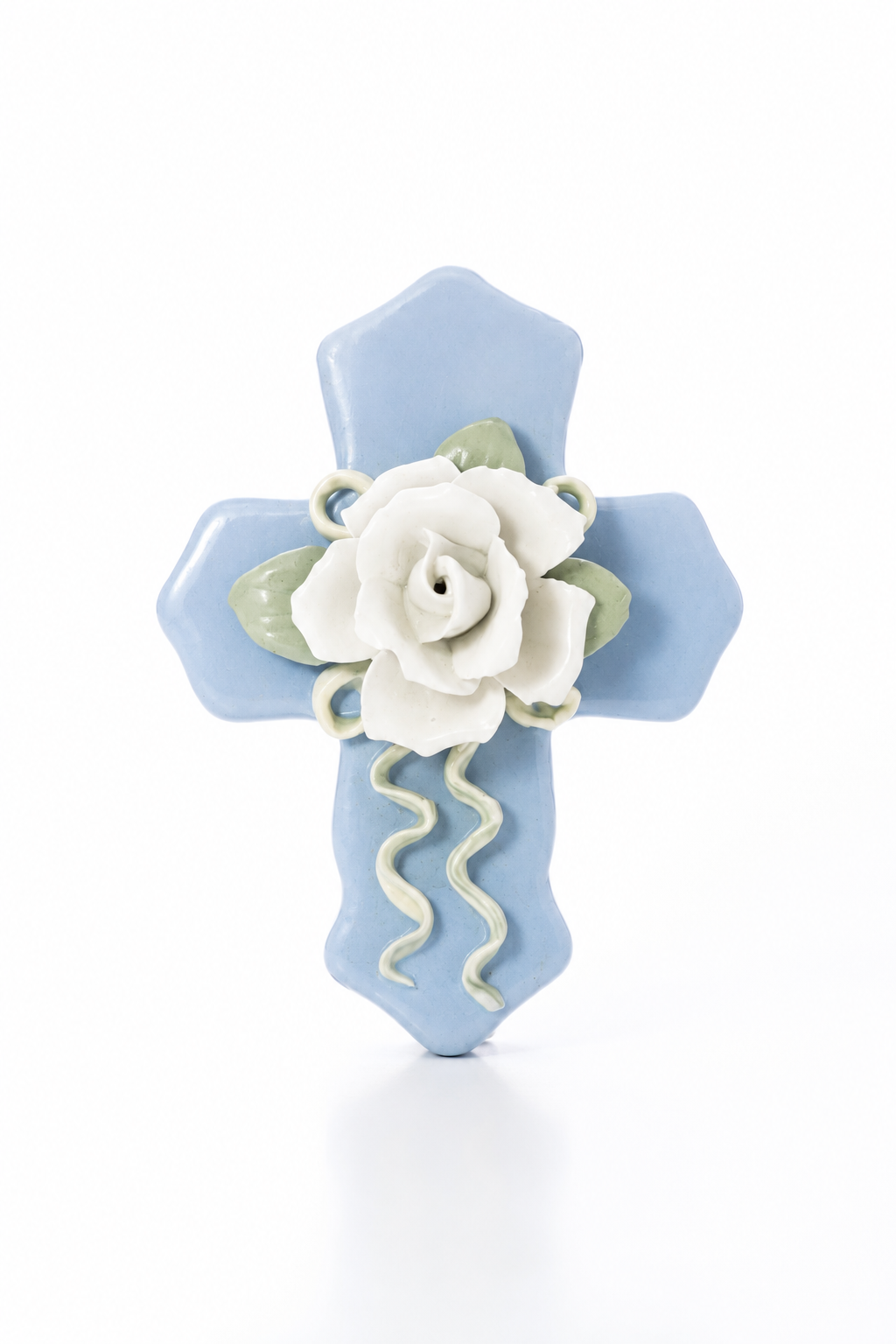 Vintage Porcelain Blue Cross Trinket Box with White Rose Lid | Floral Keepsake Box | Religious Gift