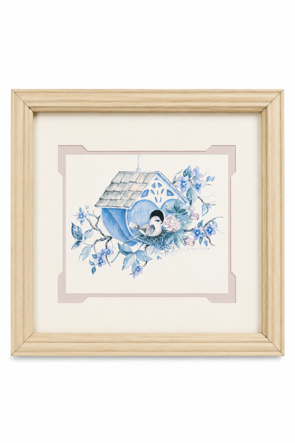Vintage Bluebird & Birdhouse Framed Art Print | Cottagecore Floral Wall Décor | 13⅝” × 11⅝”