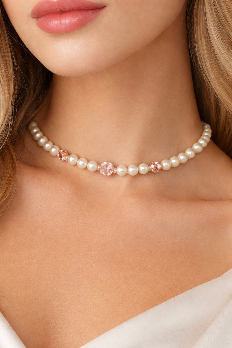 White Pearl Necklace with Blush Crystal Accents | Romantic Beaded Strand