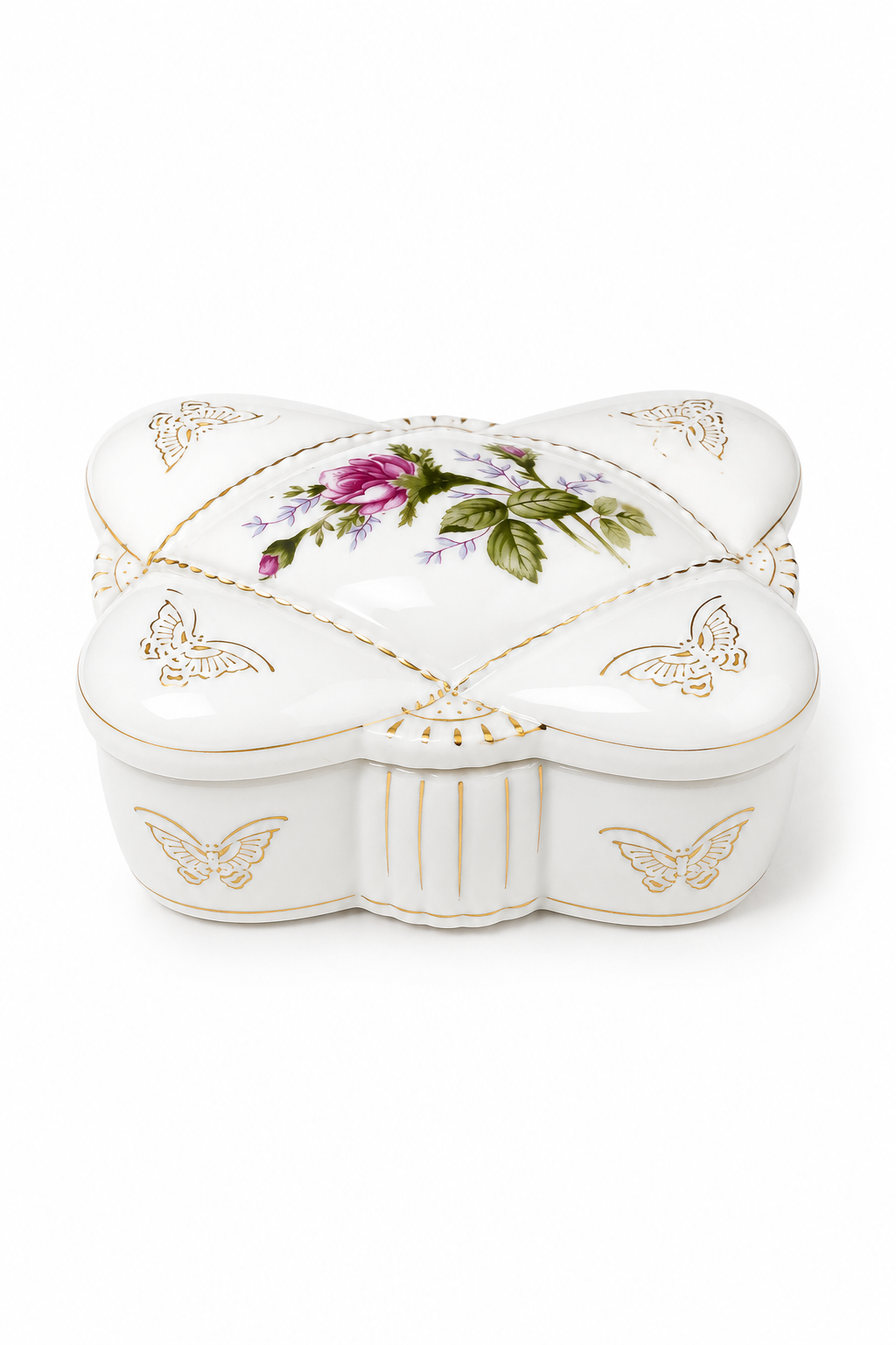 Vintage Pink Rose & Gold Butterfly Porcelain Trinket Box