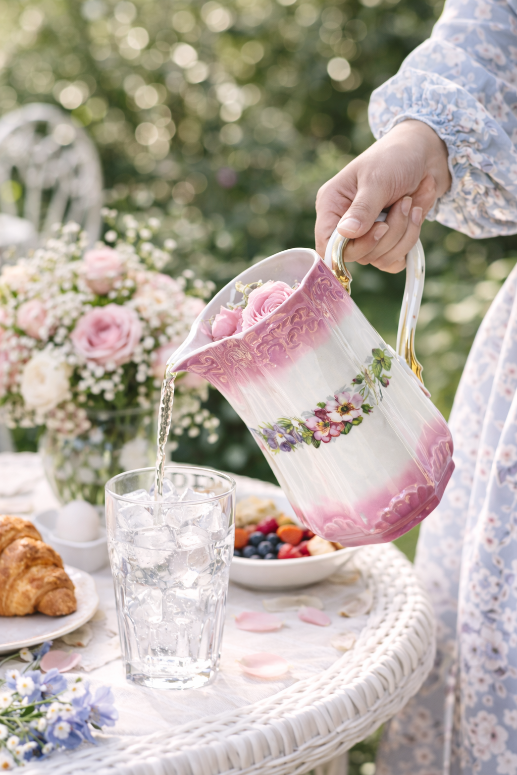 Antique 1900s Pink Floral Porcelain Pitcher | Romantic Cottage Vase, Gold Handle Detail