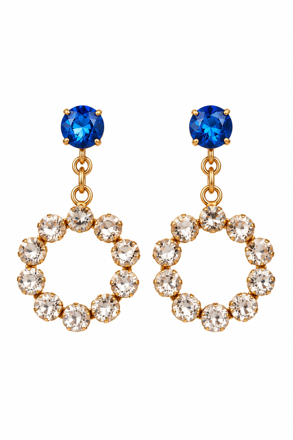 Royal Blue Crystal & Gold-Tone Circle Dangle Earrings | Elegant Rhinestone Statement Jewelry