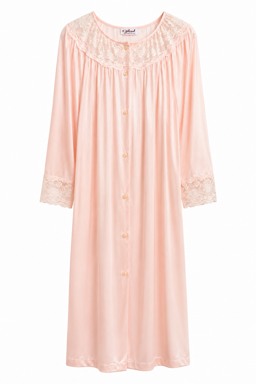 Vintage Gilead Pink Nylon Nightgown | Made in USA | Romantic Lace Trim Housecoat Lounge Gown | Size Medium